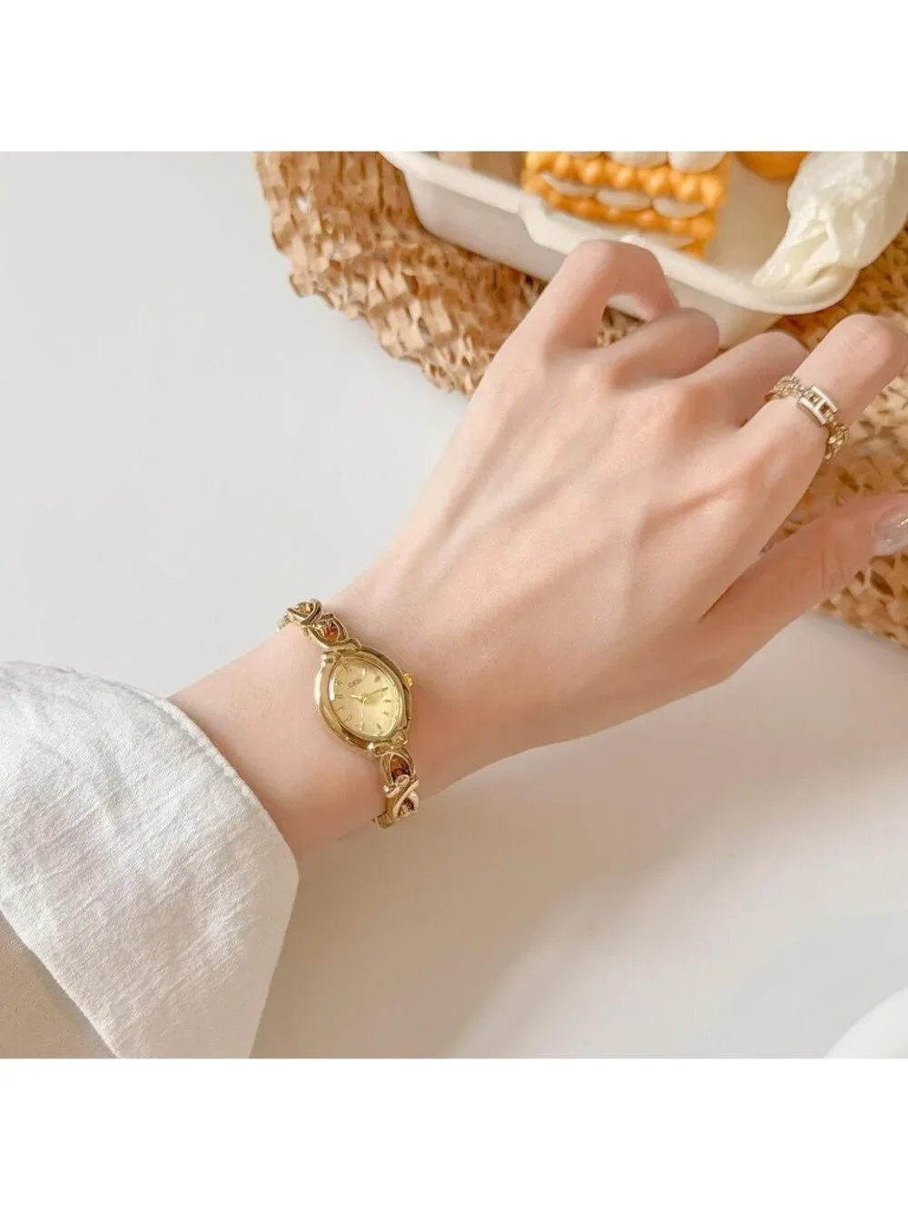 Womens Gold Analog Quartz Alloy Steel Oval Roman Numeral Number Bracelet Watch